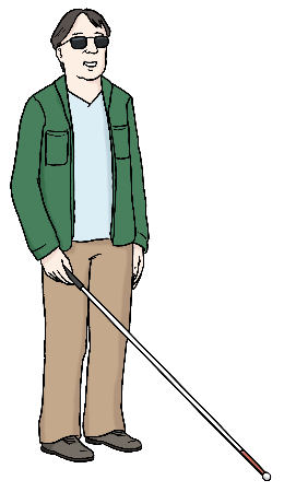 Ein Mann trägt eine Sonnenbrille. Seine Jacke ist offen. Er steht und in der Hand hält er einen Blindenstock.